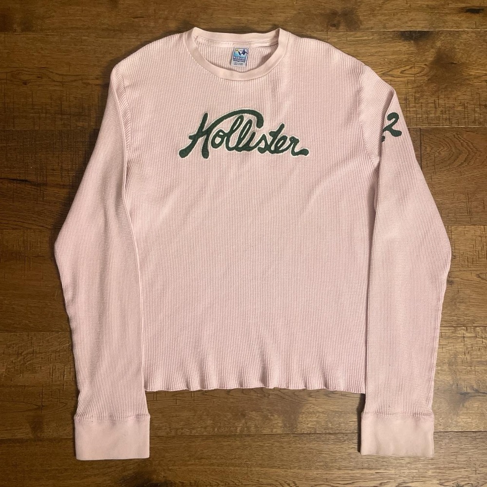 Hollister Thermal Shirt Mens XXL Pink Y2K Waffle Knit Embroidered Logo Rare